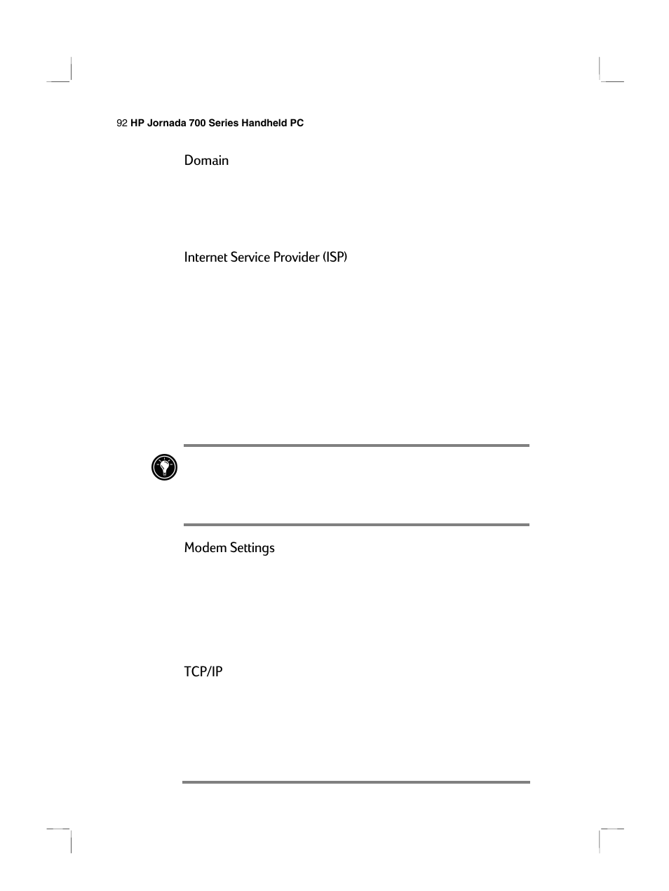 Domain, Internet service provider (isp), Modem settings | Tcp/ip | HP 700 Series User Manual | Page 96 / 204