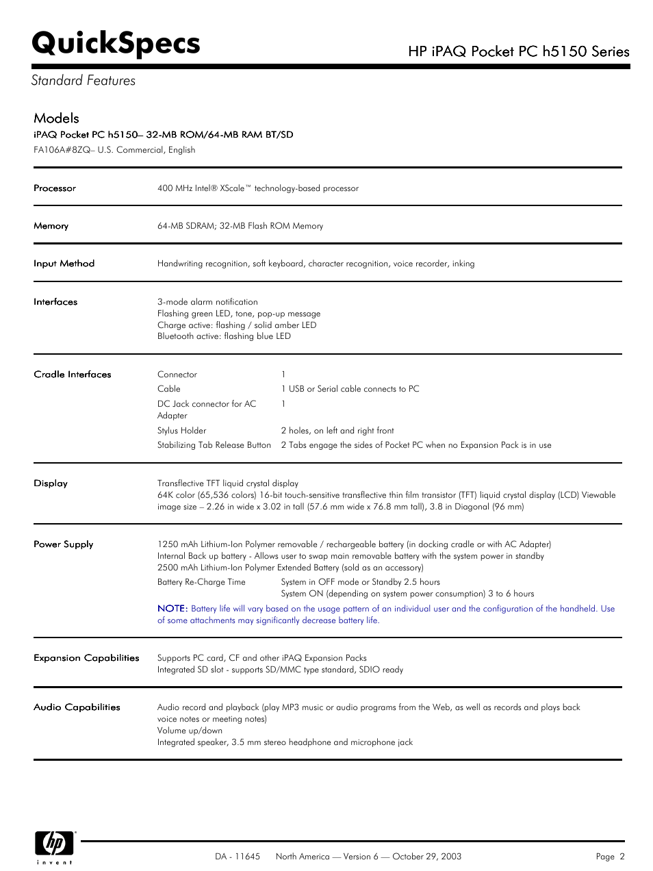 Standard features, Quickspecs, Hp ipaq pocket pc h5150 series | Hp ipaq pocket pc h5150 series standard features, Models | HP iPAQ h5150 User Manual | Page 2 / 8
