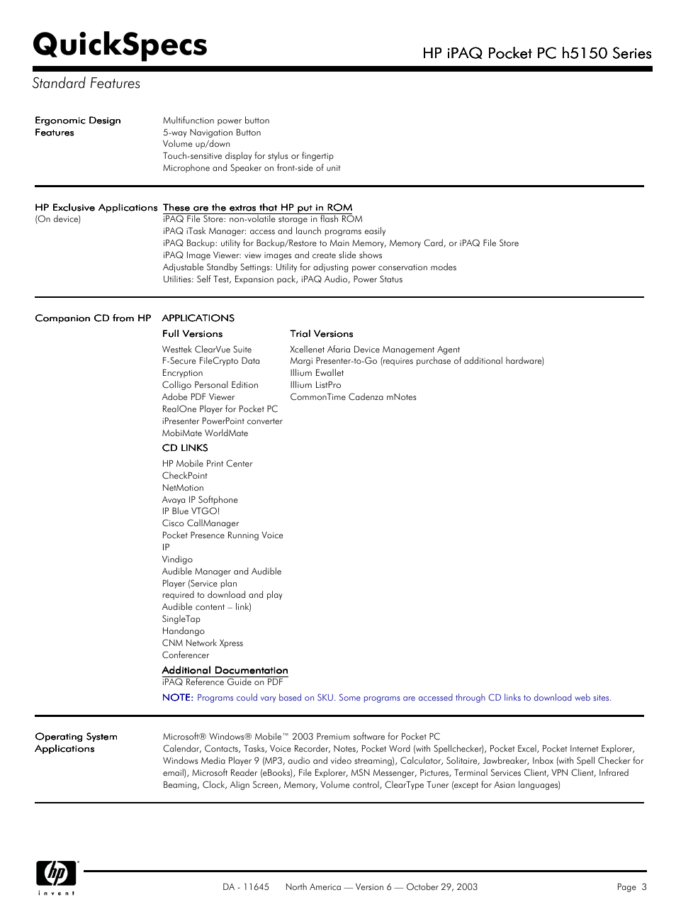 Quickspecs, Hp ipaq pocket pc h5150 series, Hp ipaq pocket pc h5150 series standard features | HP iPAQ h5150 User Manual | Page 3 / 8