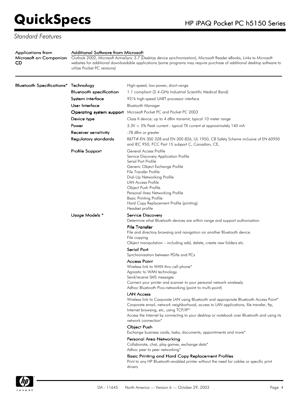 Quickspecs, Hp ipaq pocket pc h5150 series, Hp ipaq pocket pc h5150 series standard features | HP iPAQ h5150 User Manual | Page 4 / 8