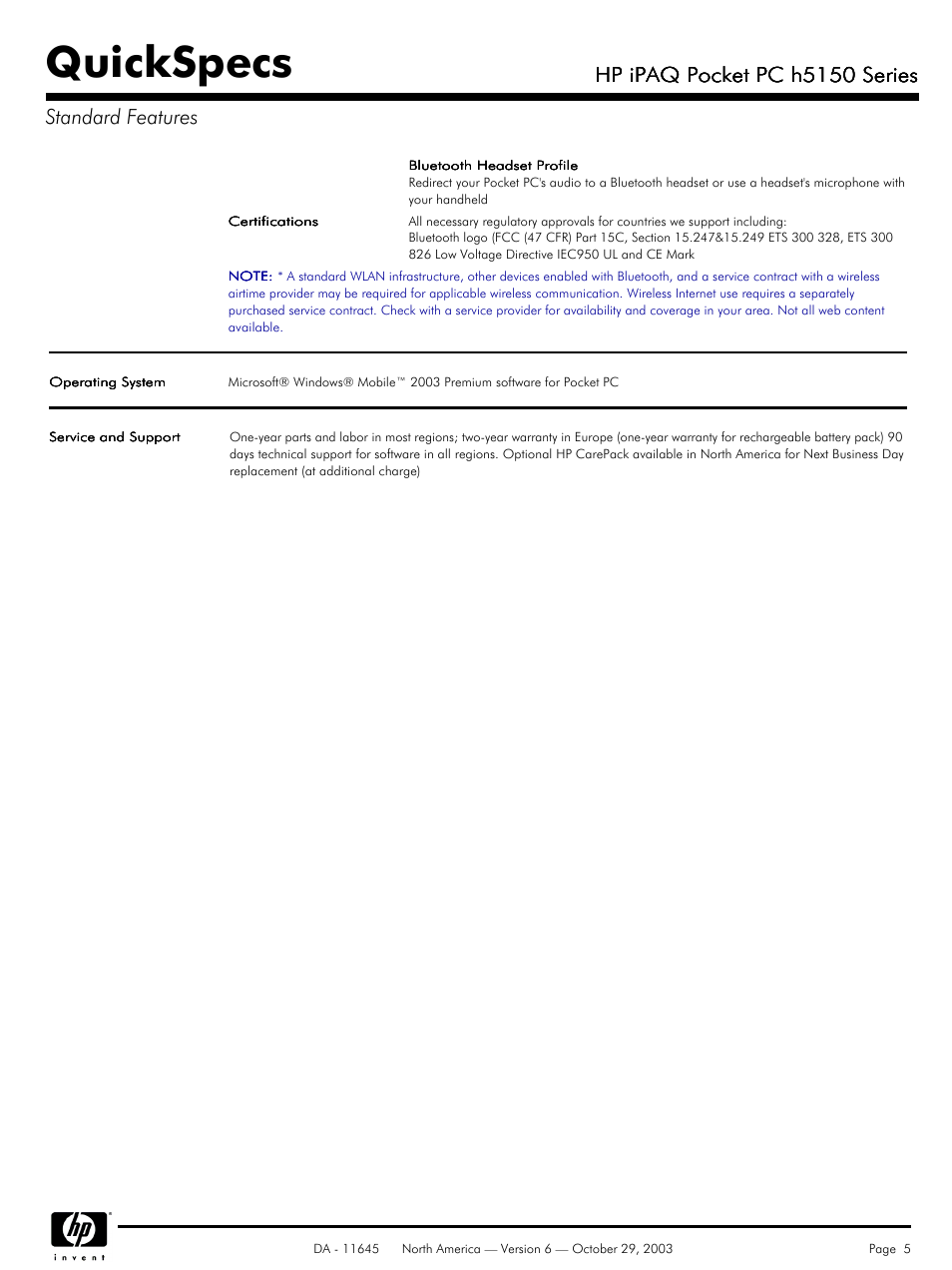 Quickspecs, Hp ipaq pocket pc h5150 series, Hp ipaq pocket pc h5150 series standard features | HP iPAQ h5150 User Manual | Page 5 / 8