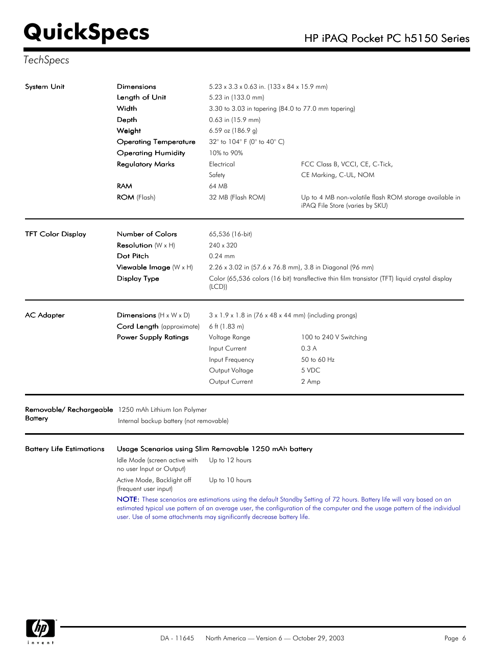 Techspecs, Quickspecs, Hp ipaq pocket pc h5150 series | Hp ipaq pocket pc h5150 series techspecs | HP iPAQ h5150 User Manual | Page 6 / 8