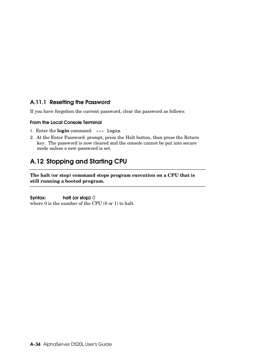 A.12 stopping and starting cpu | HP DS20L User Manual | Page 122 / 152