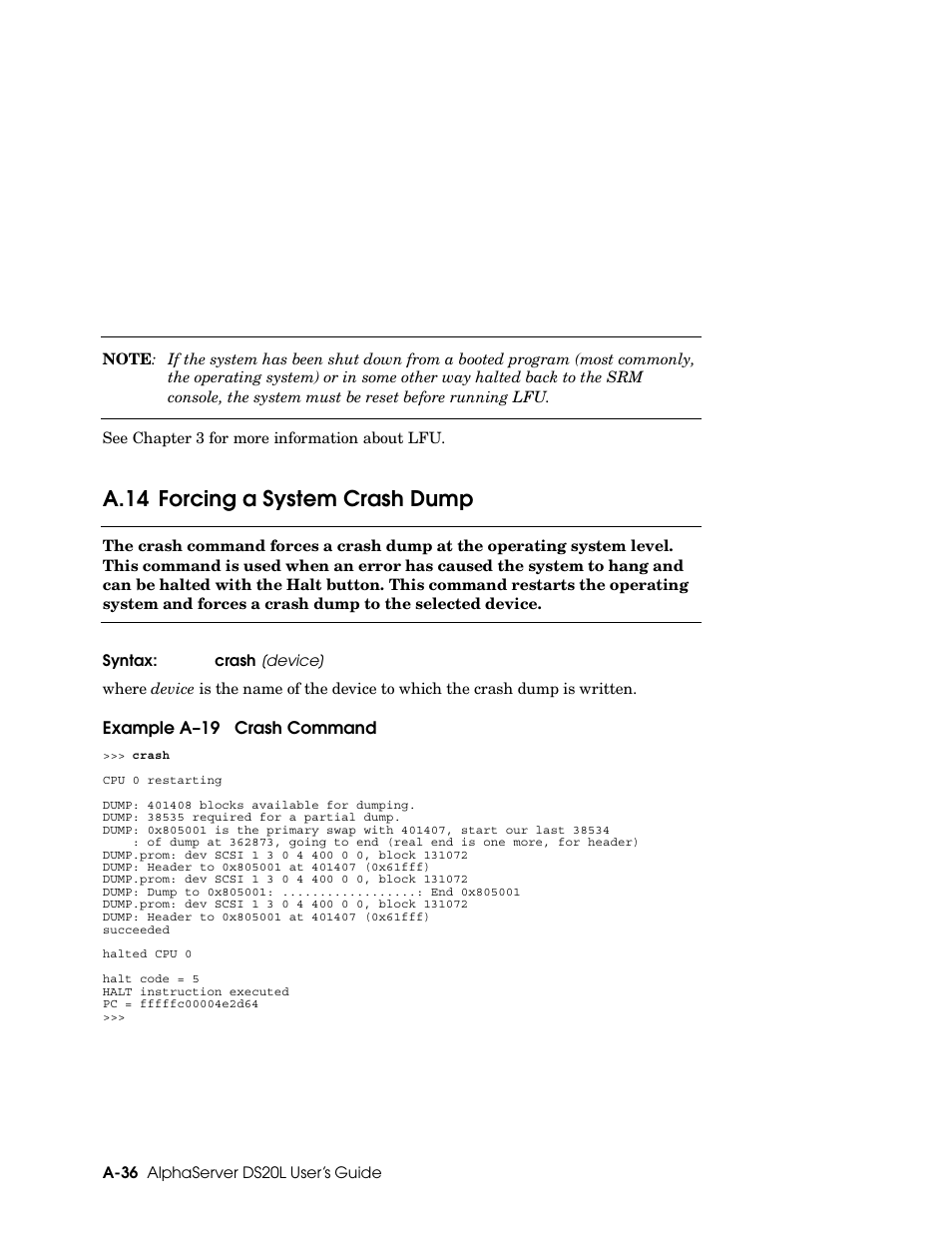 A.14 forcing a system crash dump | HP DS20L User Manual | Page 124 / 152