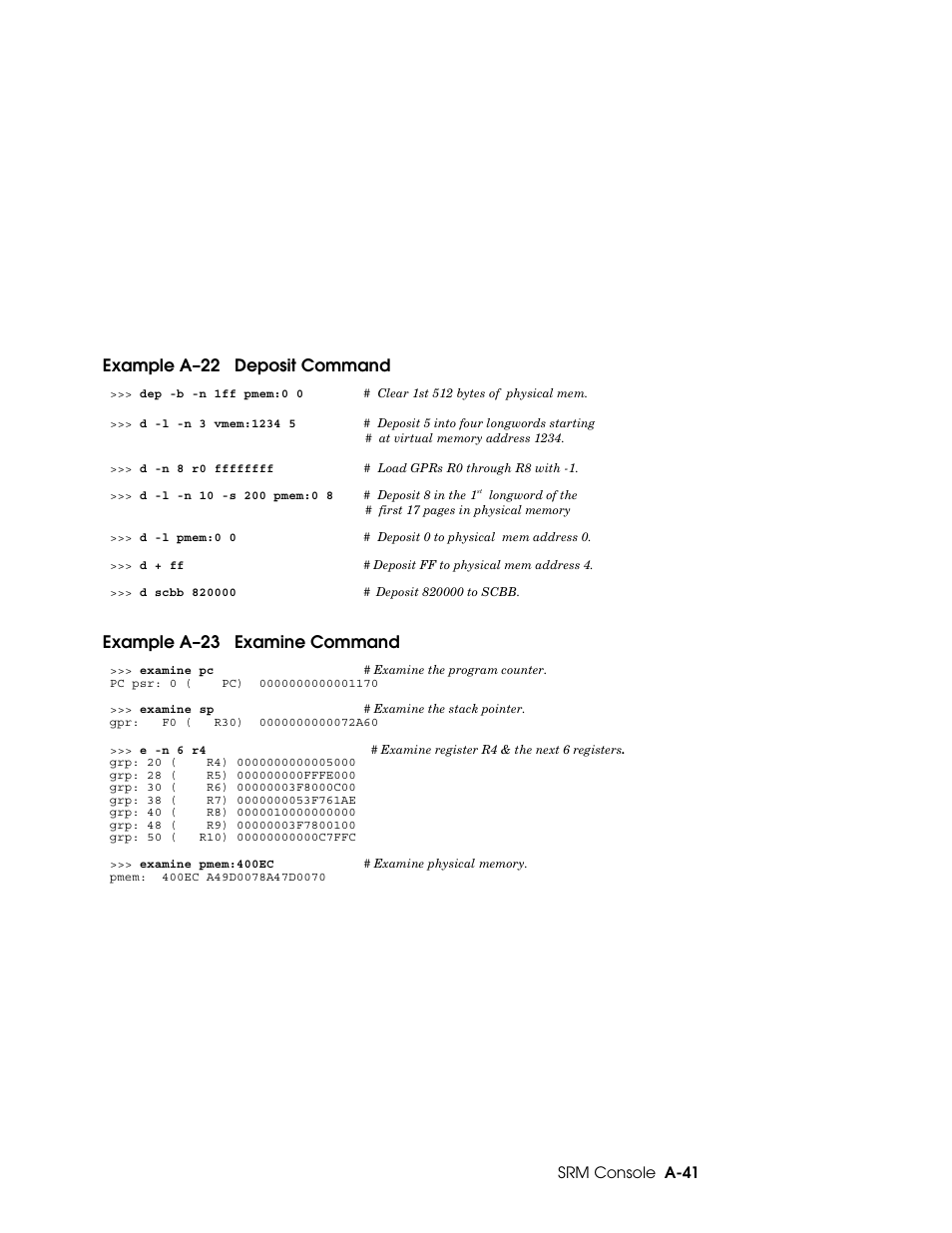 Example a– 22 deposit command, Example a– 23 examine command | HP DS20L User Manual | Page 129 / 152