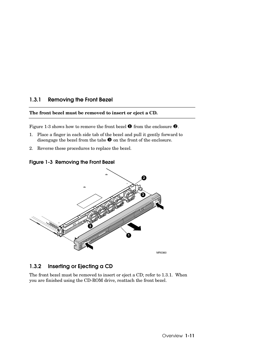 1 removing the front bezel, 2 inserting or ejecting a cd | HP DS20L User Manual | Page 23 / 152