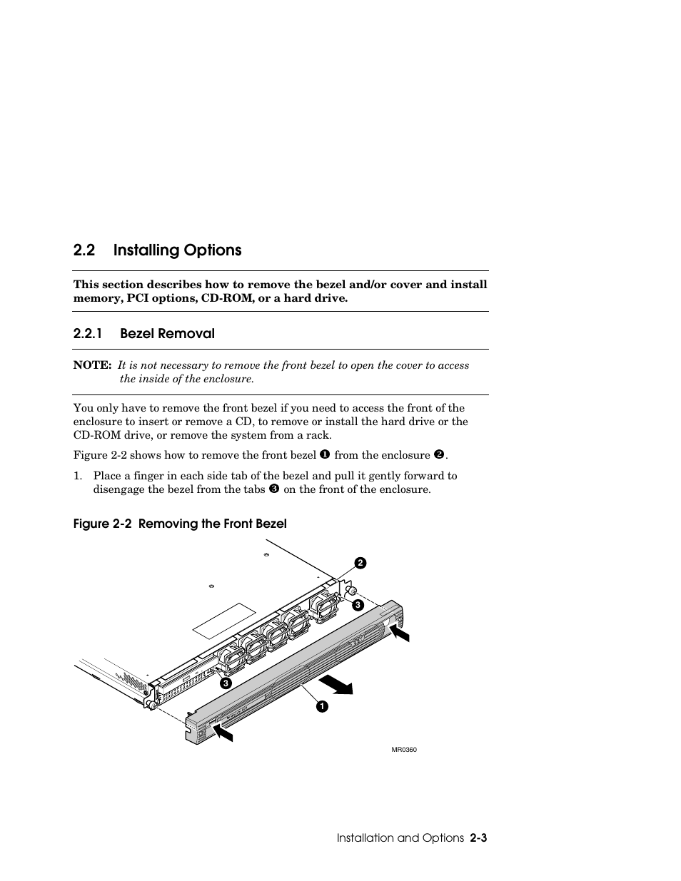 2 installing options, 1 bezel removal | HP DS20L User Manual | Page 31 / 152