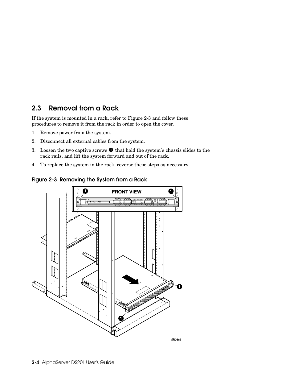 3 removal from a rack, Figure 2-3 removing the system from a rack | HP DS20L User Manual | Page 32 / 152