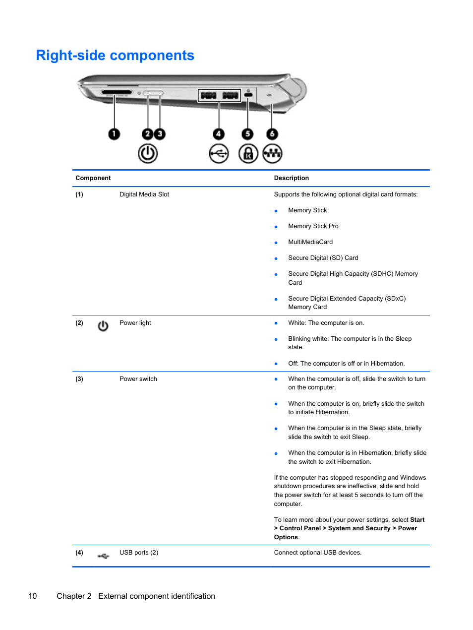 Right-side components, 10 chapter 2 external component identification | HP 1103 User Manual | Page 18 / 101