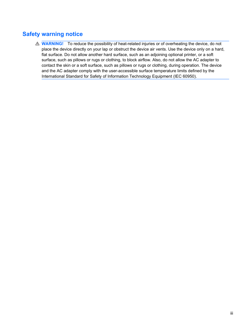 Safety warning notice | HP 1103 User Manual | Page 3 / 101