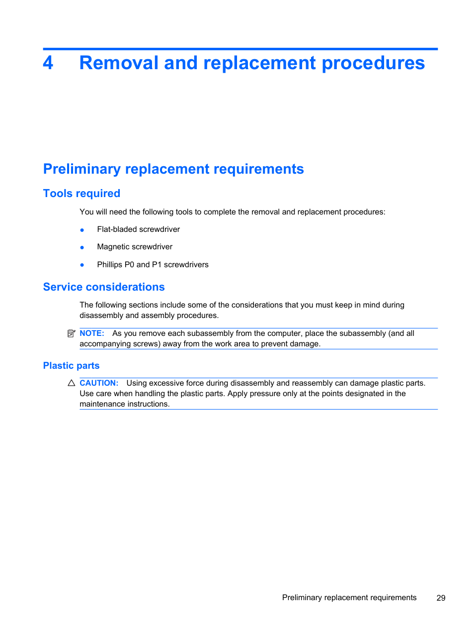 Removal and replacement procedures, Preliminary replacement requirements, Tools required | Service considerations, Plastic parts, 4 removal and replacement procedures, Tools required service considerations, 4removal and replacement procedures | HP 1103 User Manual | Page 37 / 101