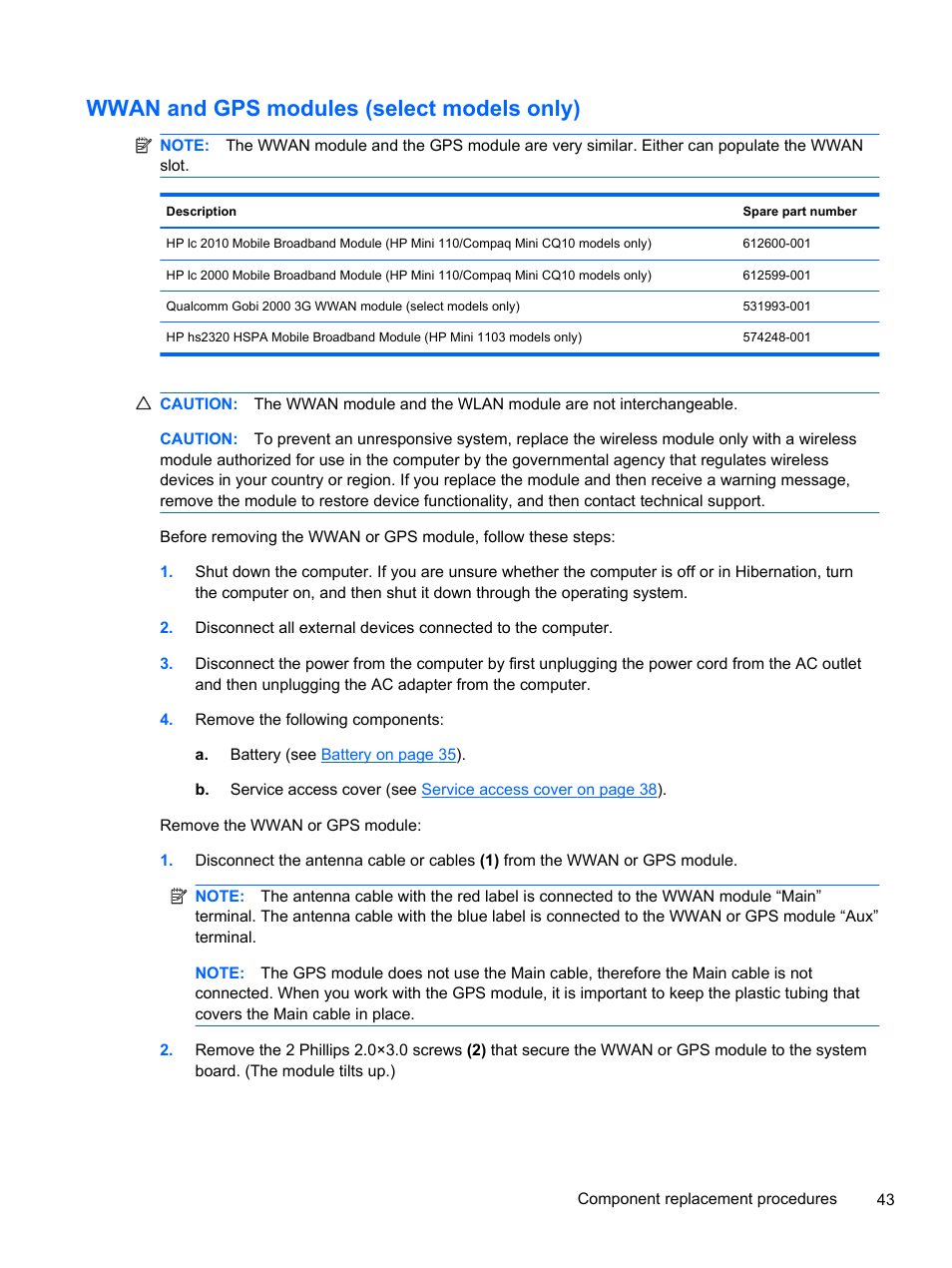 Wwan and gps modules (select models only) | HP 1103 User Manual | Page 51 / 101
