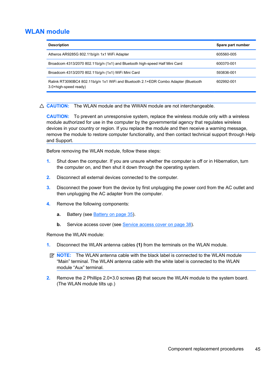 Wlan module | HP 1103 User Manual | Page 53 / 101