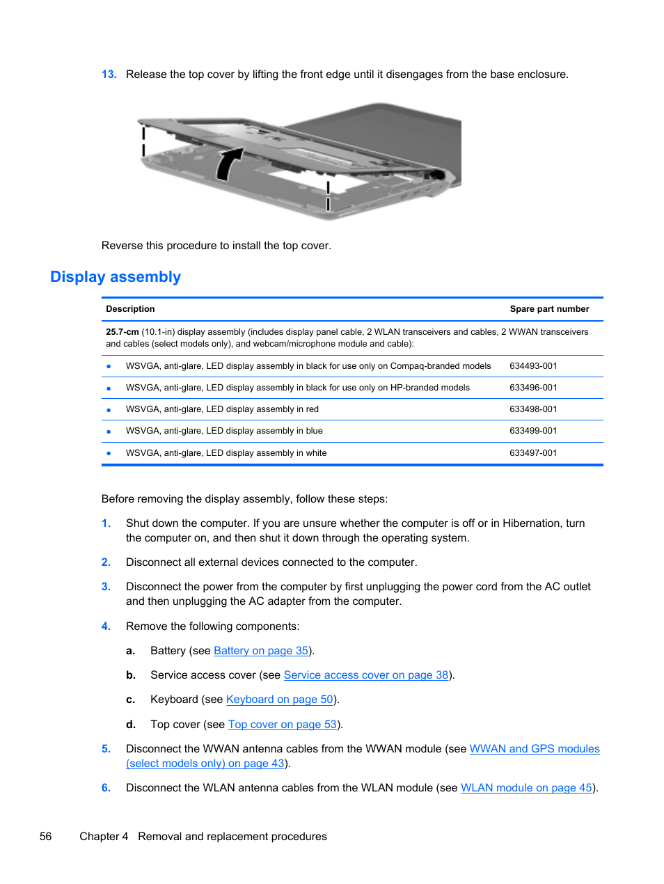 Display assembly | HP 1103 User Manual | Page 64 / 101