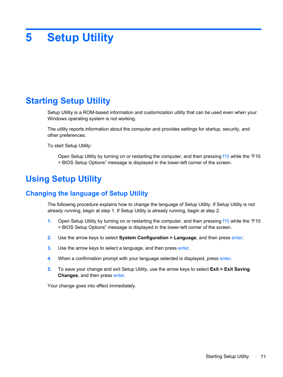 Setup utility, Starting setup utility, Using setup utility | Changing the language of setup utility, 5 setup utility, Starting setup utility using setup utility, 5setup utility | HP 1103 User Manual | Page 79 / 101