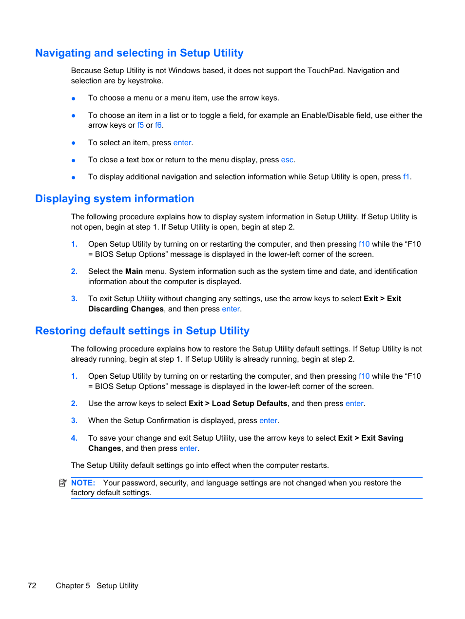 Navigating and selecting in setup utility, Displaying system information, Restoring default settings in setup utility | HP 1103 User Manual | Page 80 / 101