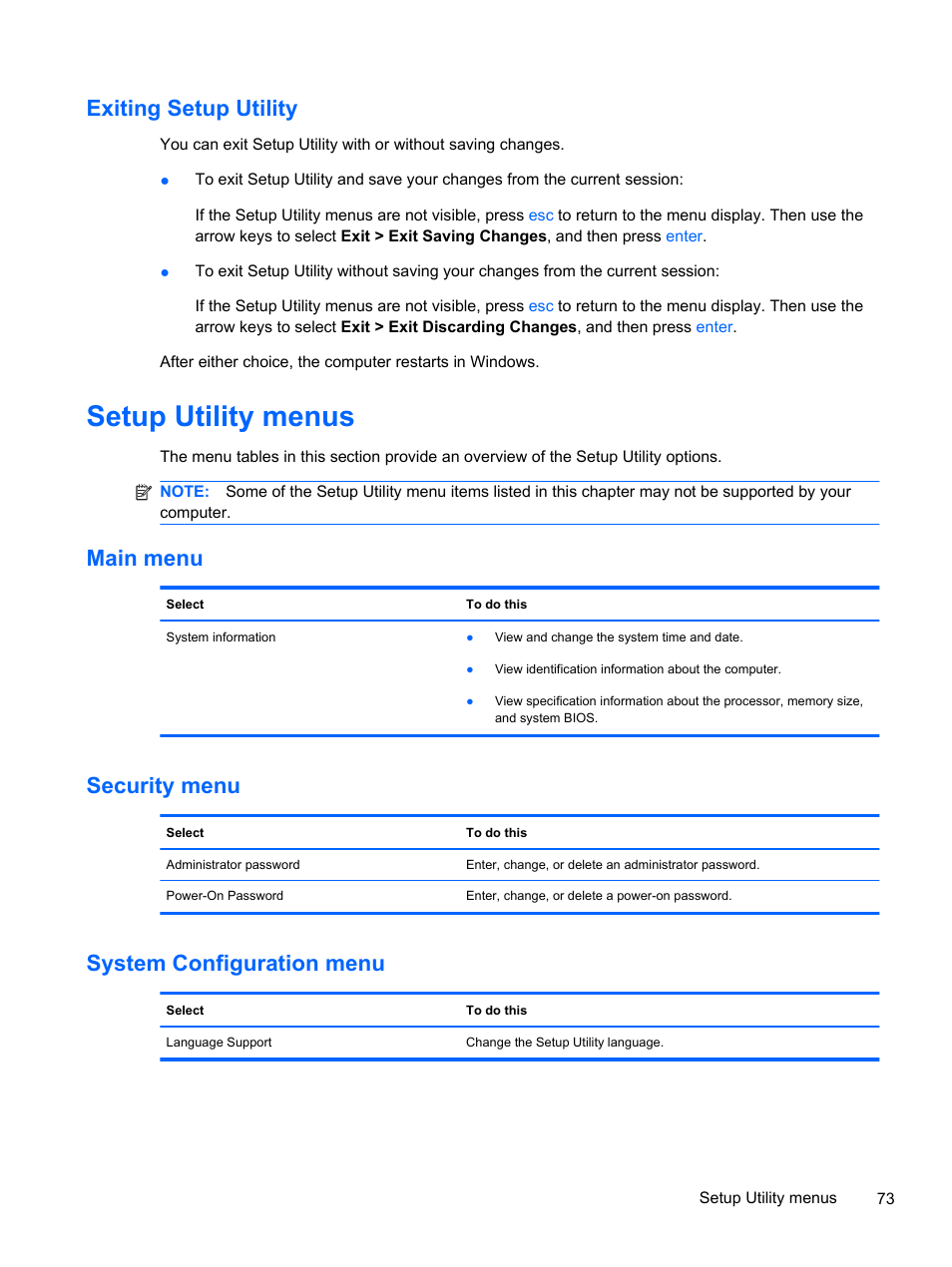 Exiting setup utility, Setup utility menus, Main menu | Security menu, System configuration menu, Main menu security menu system configuration menu | HP 1103 User Manual | Page 81 / 101
