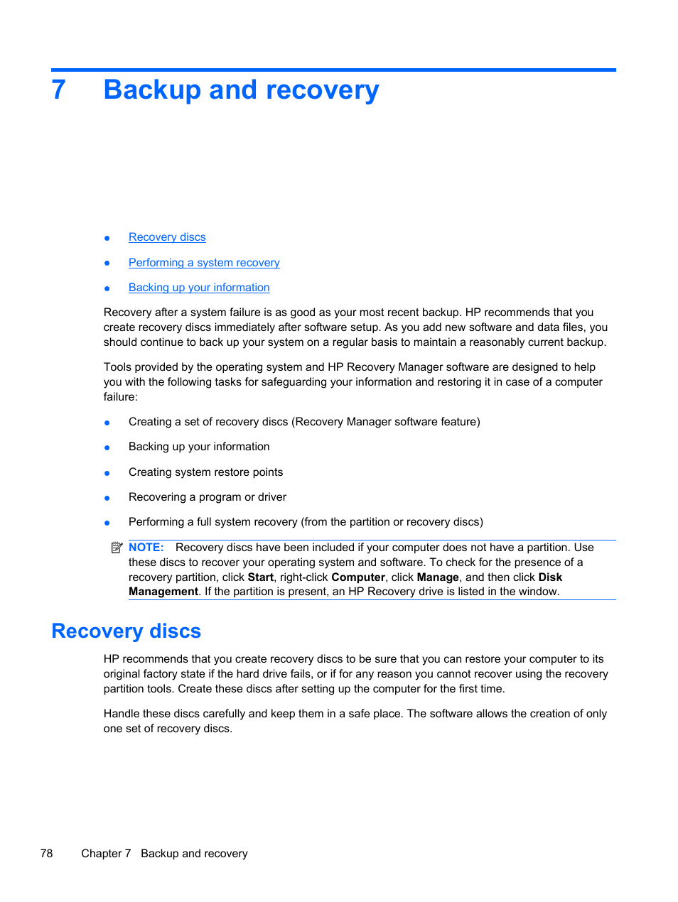 Backup and recovery, Recovery discs, 7 backup and recovery | 7backup and recovery | HP 1103 User Manual | Page 86 / 101