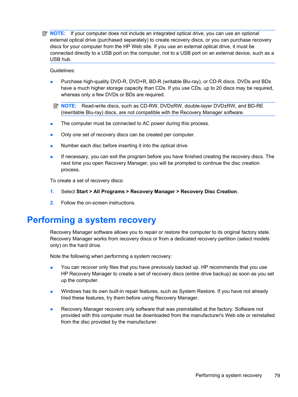 Performing a system recovery | HP 1103 User Manual | Page 87 / 101