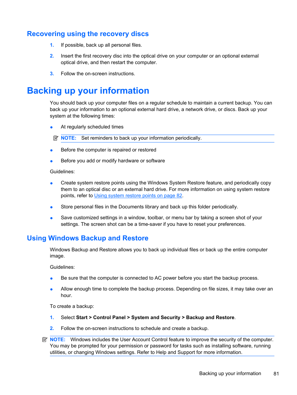 Recovering using the recovery discs, Backing up your information, Using windows backup and restore | HP 1103 User Manual | Page 89 / 101