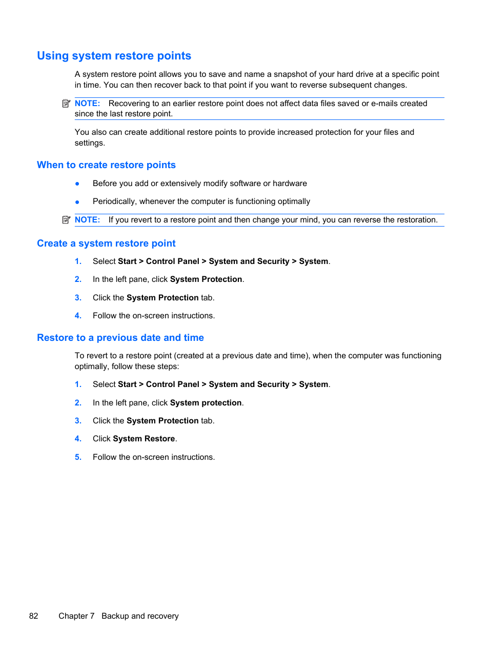Using system restore points, When to create restore points, Create a system restore point | Restore to a previous date and time | HP 1103 User Manual | Page 90 / 101
