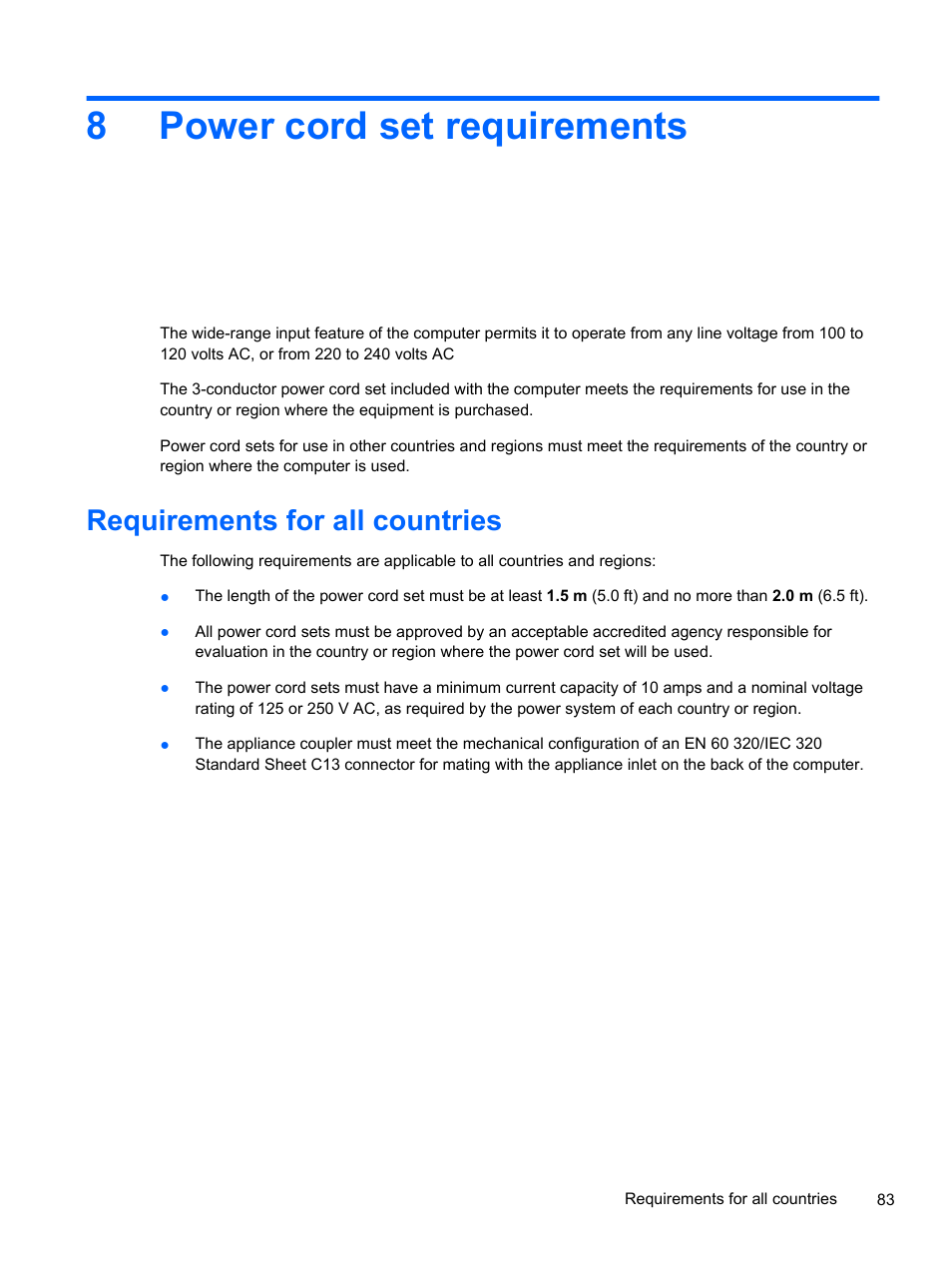 Power cord set requirements, Requirements for all countries, 8 power cord set requirements | 8power cord set requirements | HP 1103 User Manual | Page 91 / 101