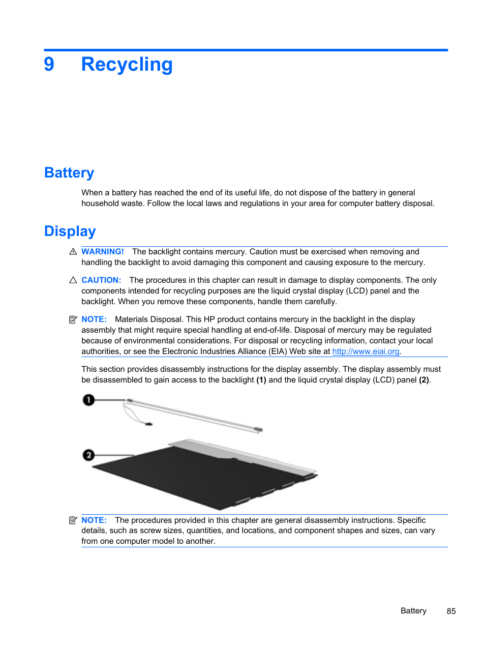 Recycling, Battery, Display | 9 recycling, Battery display, 9recycling | HP 1103 User Manual | Page 93 / 101