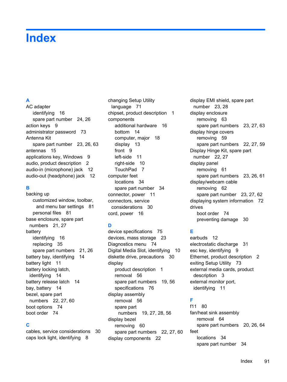 Index | HP 1103 User Manual | Page 99 / 101