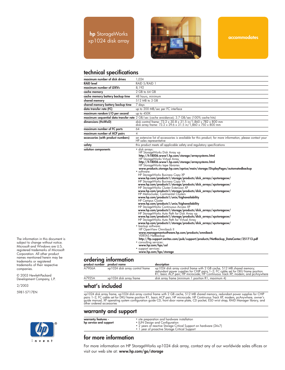 Technical specifications, For more information, What’s included | Warranty and support, Ordering information, Hp storageworks xp1024 disk array, Accommodates | HP xp1024 User Manual | Page 2 / 2