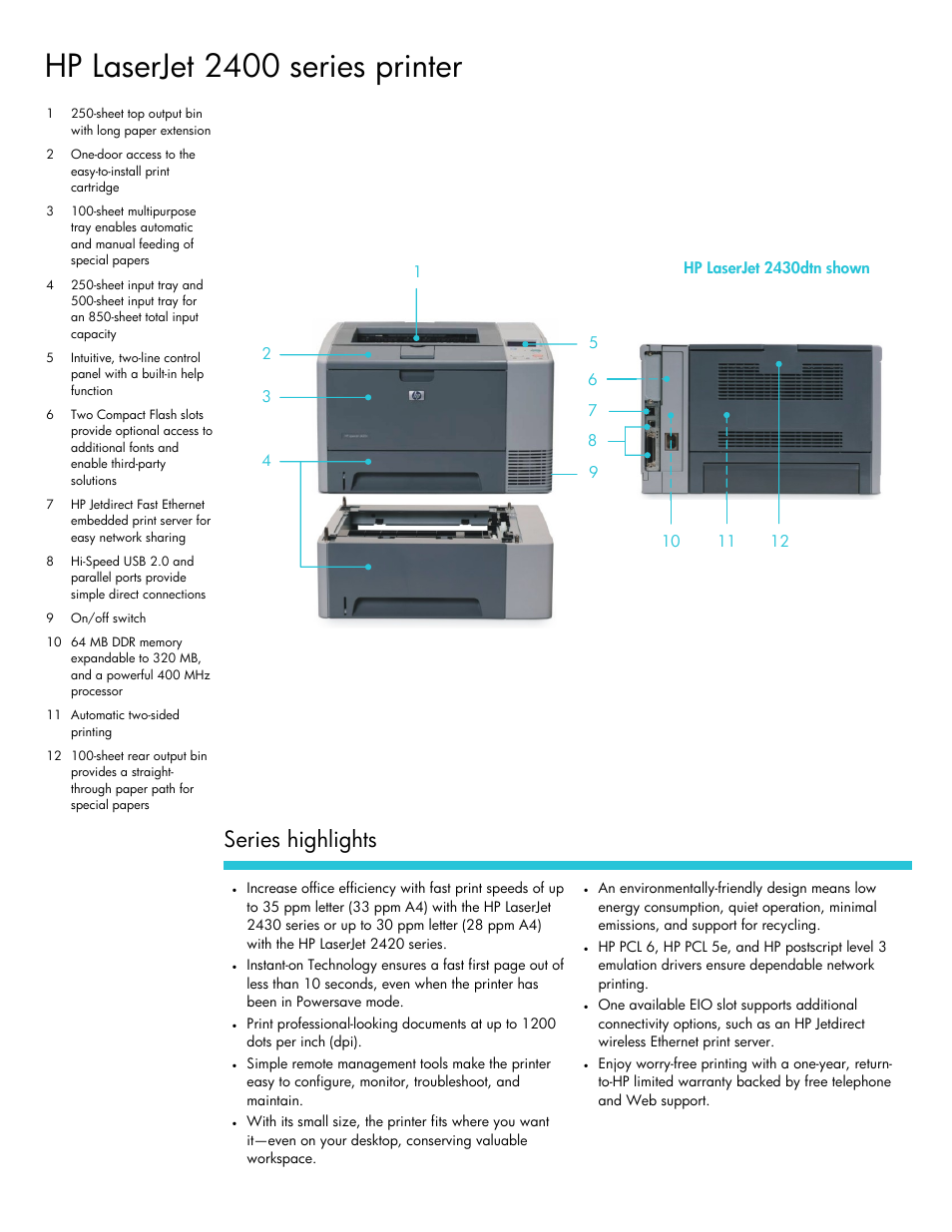 Hp laserjet 2400 series printer, Series highlights | HP 2400 series User Manual | Page 2 / 4