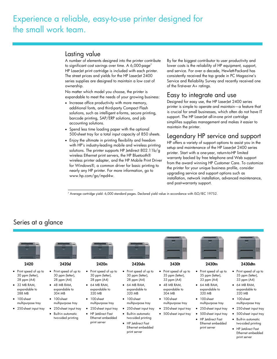 Lasting value, Easy to integrate and use, Legendary hp service and support | Series at a glance | HP 2400 series User Manual | Page 3 / 4