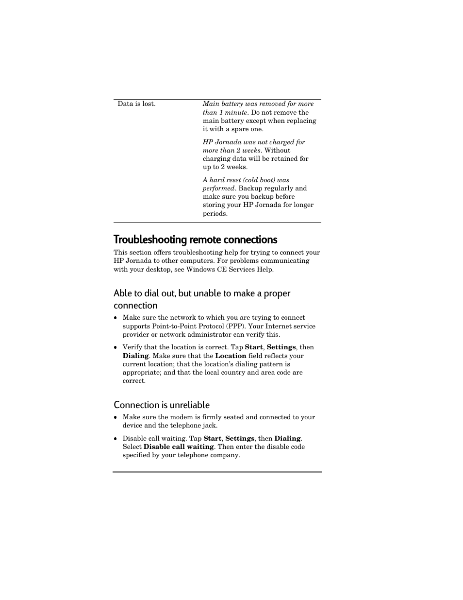 Troubleshooting g rremote e cconnections, Connection is unreliable | HP Jornada 420 User Manual | Page 101 / 146