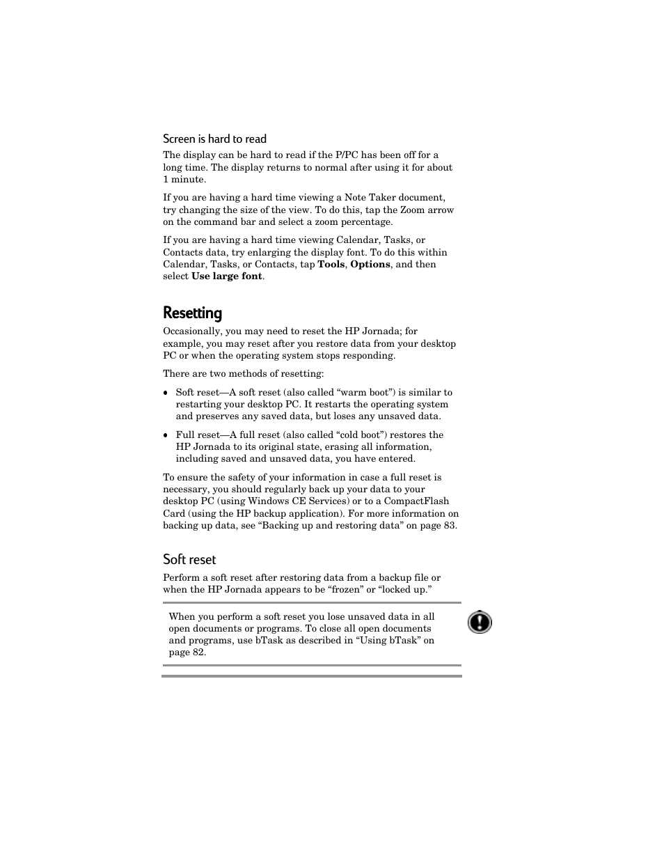 Resetting, Soft reset | HP Jornada 420 User Manual | Page 103 / 146