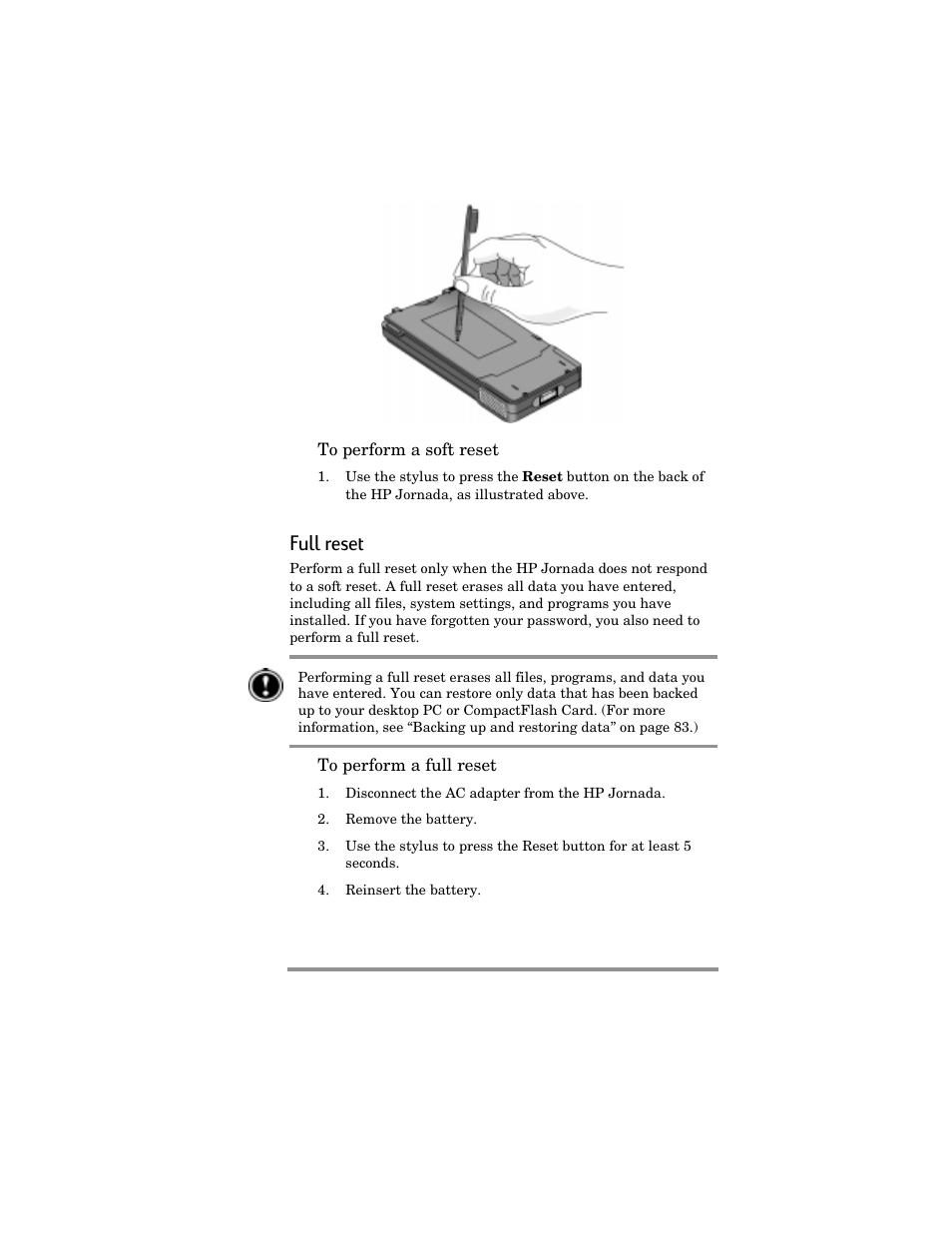 Full reset | HP Jornada 420 User Manual | Page 104 / 146