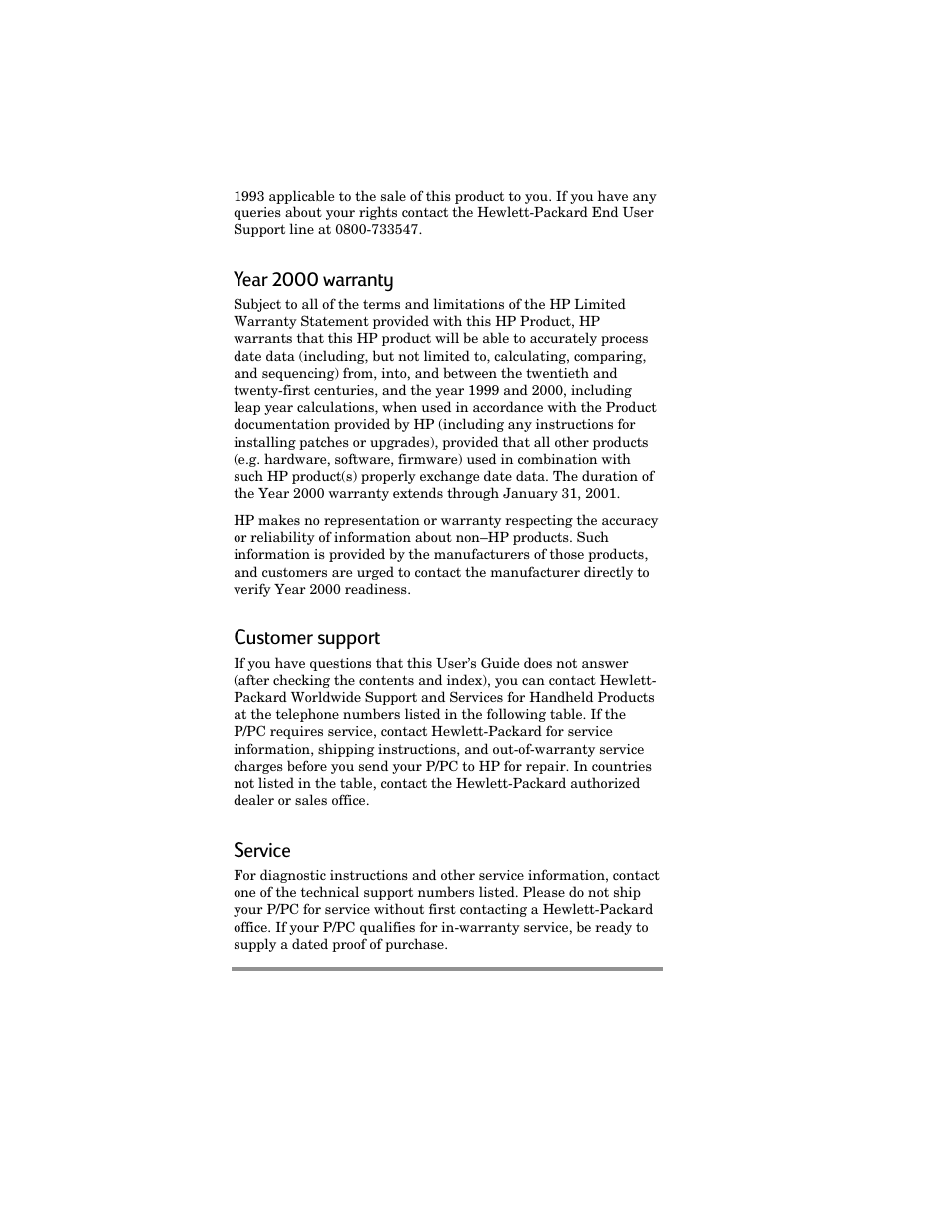 Year 2000 warranty, Customer support, Service | HP Jornada 420 User Manual | Page 109 / 146