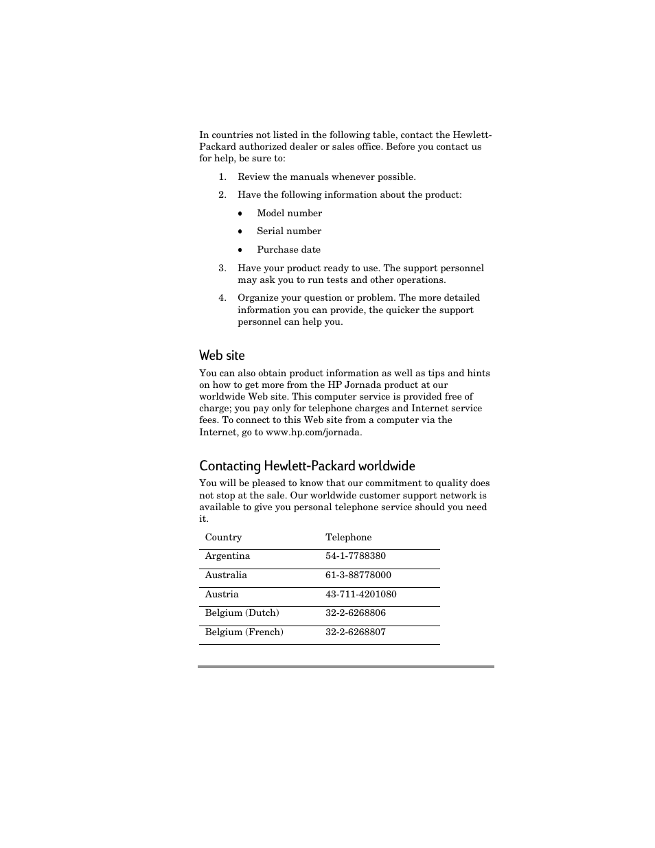 Web site, Contacting hewlett-packard worldwide | HP Jornada 420 User Manual | Page 110 / 146