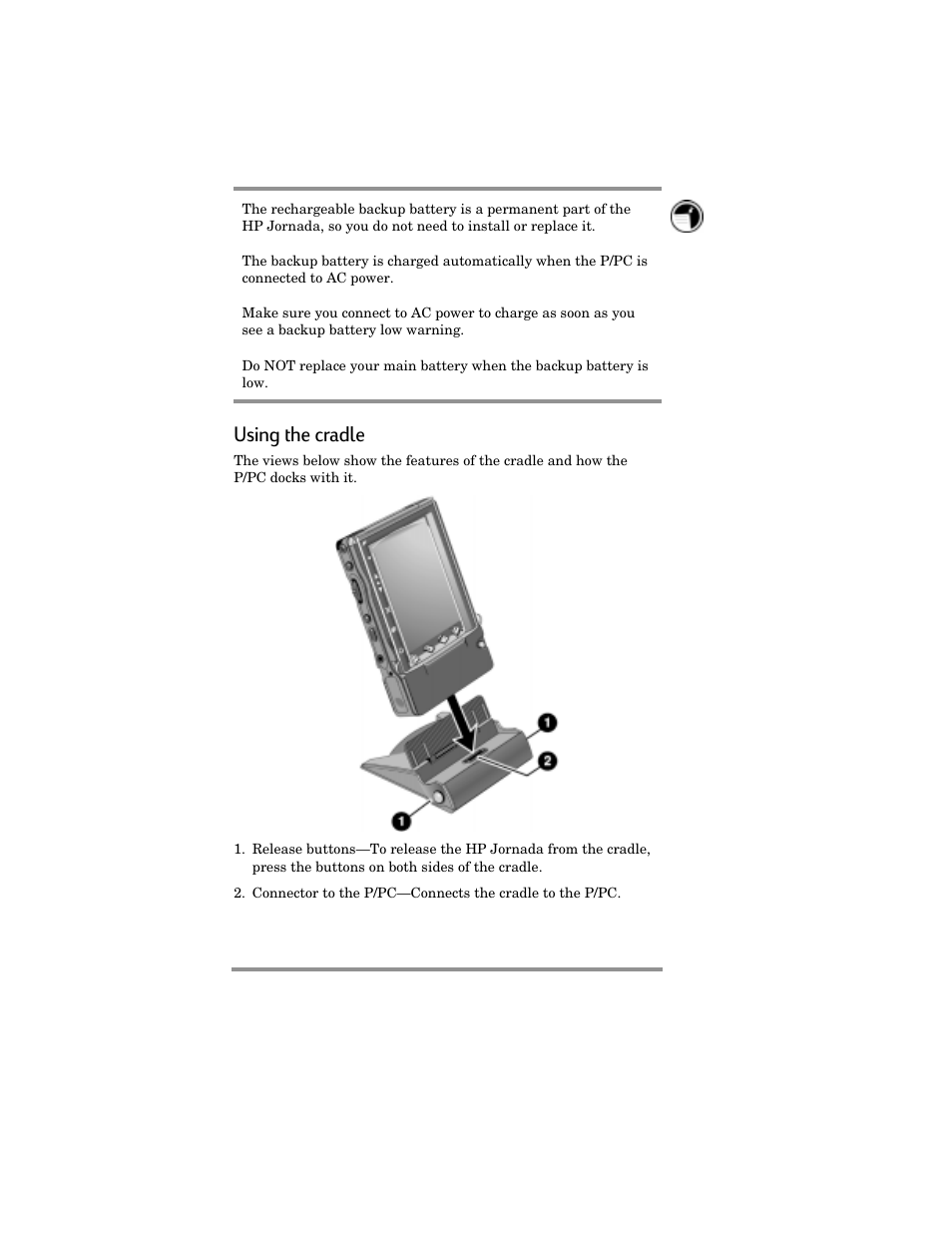 Using the cradle | HP Jornada 420 User Manual | Page 17 / 146