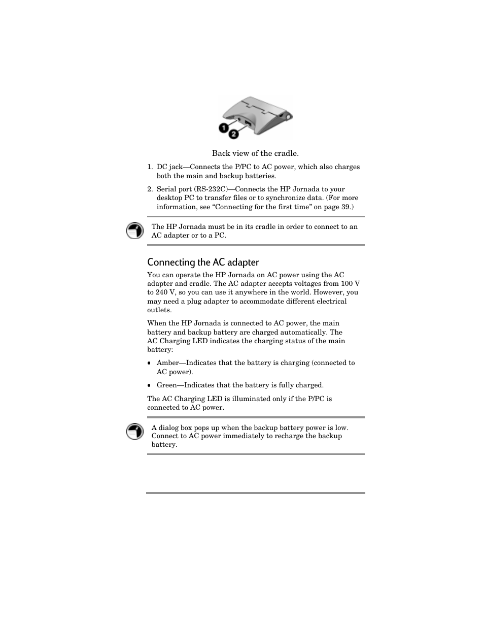 Connecting the ac adapter | HP Jornada 420 User Manual | Page 18 / 146