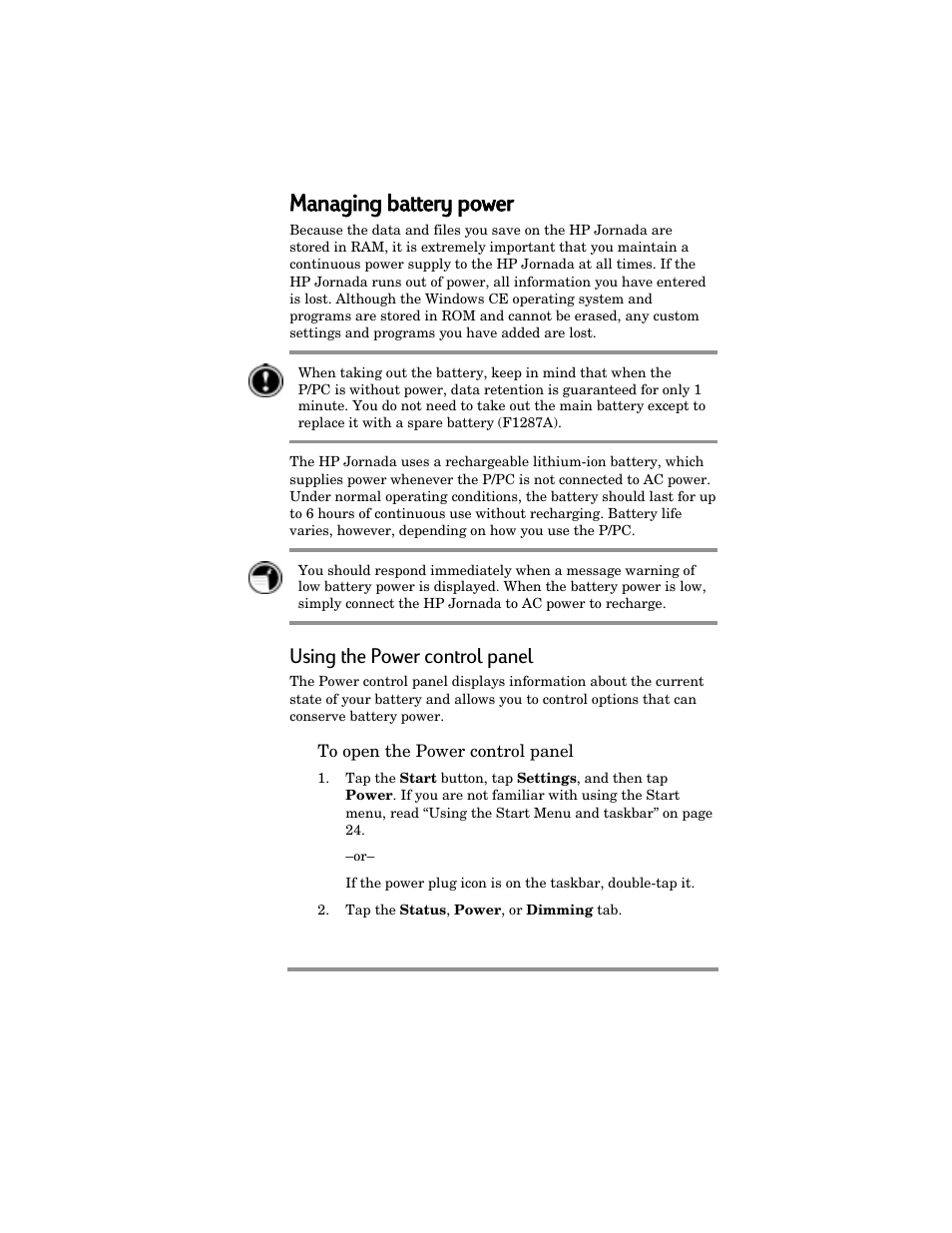 Managing g bbattery y ppower, Using the power control panel | HP Jornada 420 User Manual | Page 20 / 146