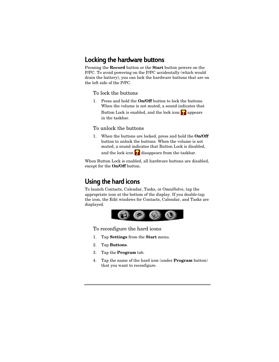 Locking g tthe e hhardware e bbuttons, Using g tthe e hhard d iicons | HP Jornada 420 User Manual | Page 26 / 146