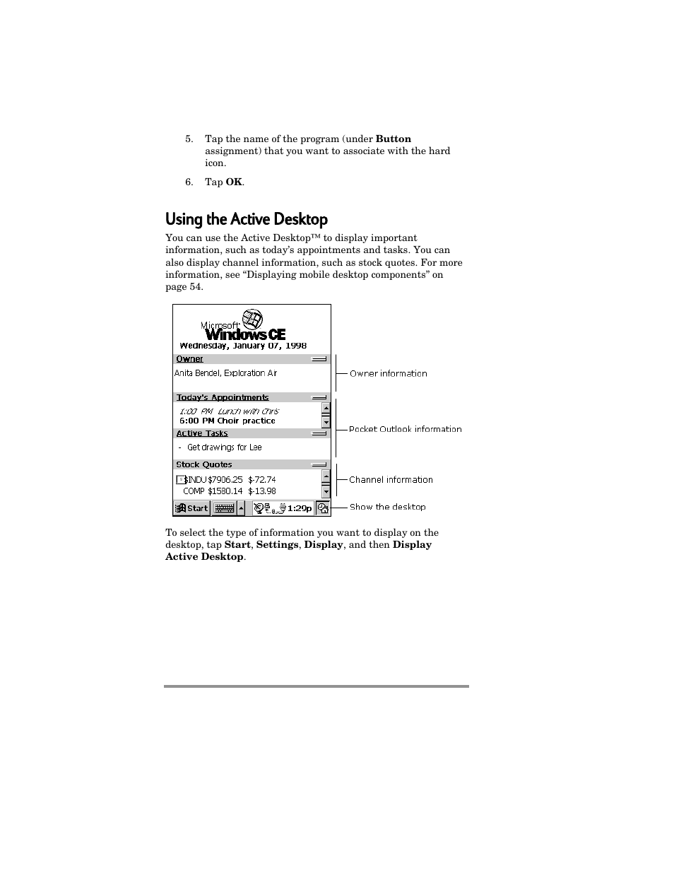 Using g tthe e aactive e ddesktop | HP Jornada 420 User Manual | Page 27 / 146