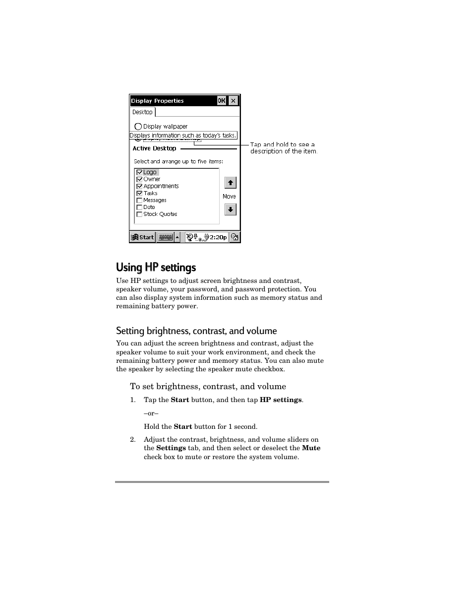 Using g hhp p ssettings, Setting brightness, contrast, and volume | HP Jornada 420 User Manual | Page 35 / 146