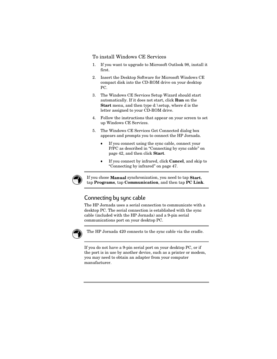Connecting by sync cable | HP Jornada 420 User Manual | Page 46 / 146