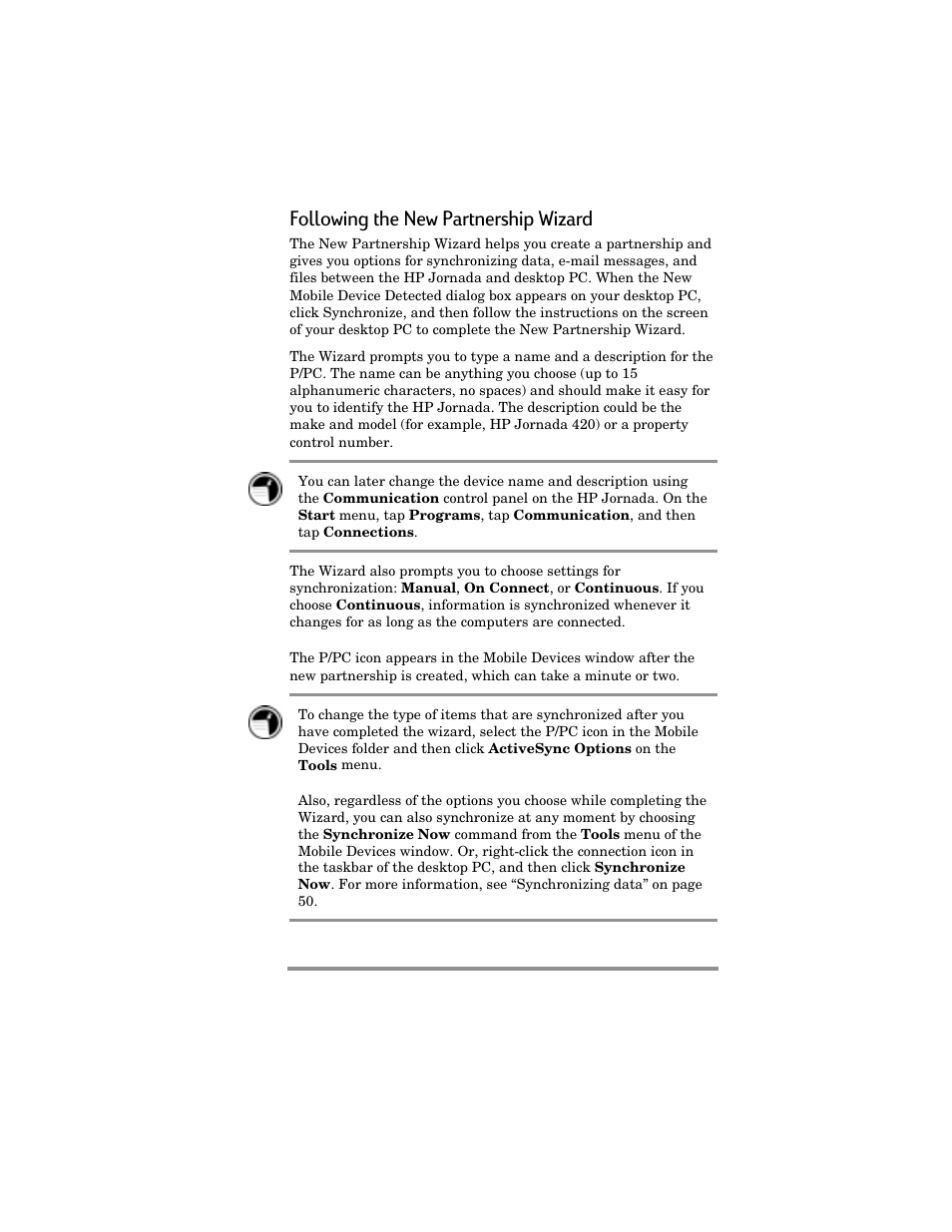 Following the new partnership wizard | HP Jornada 420 User Manual | Page 48 / 146