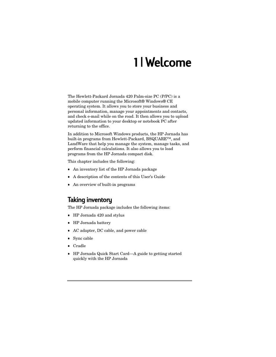 1 1 | | w welcome | HP Jornada 420 User Manual | Page 5 / 146