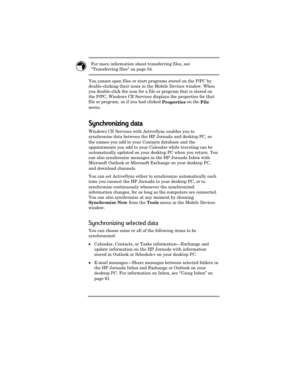 Synchronizing g ddata, Synchronizing selected data | HP Jornada 420 User Manual | Page 54 / 146