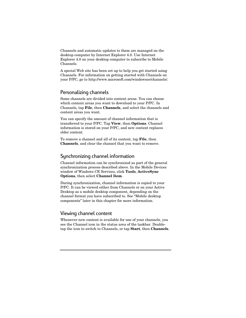 Personalizing channels, Synchronizing channel information, Viewing channel content | HP Jornada 420 User Manual | Page 57 / 146