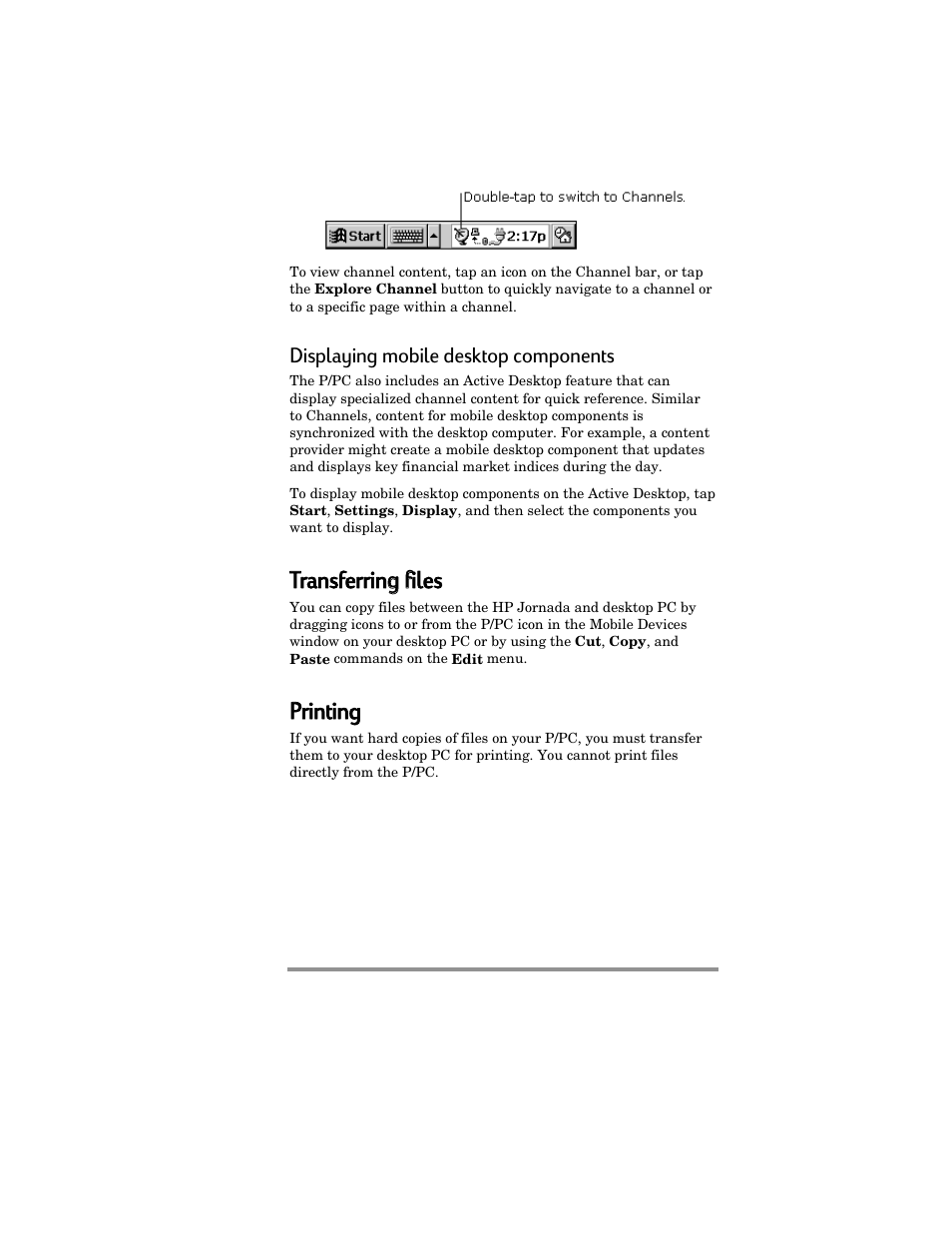 Transferring g ffiles, Printing, Displaying mobile desktop components | HP Jornada 420 User Manual | Page 58 / 146