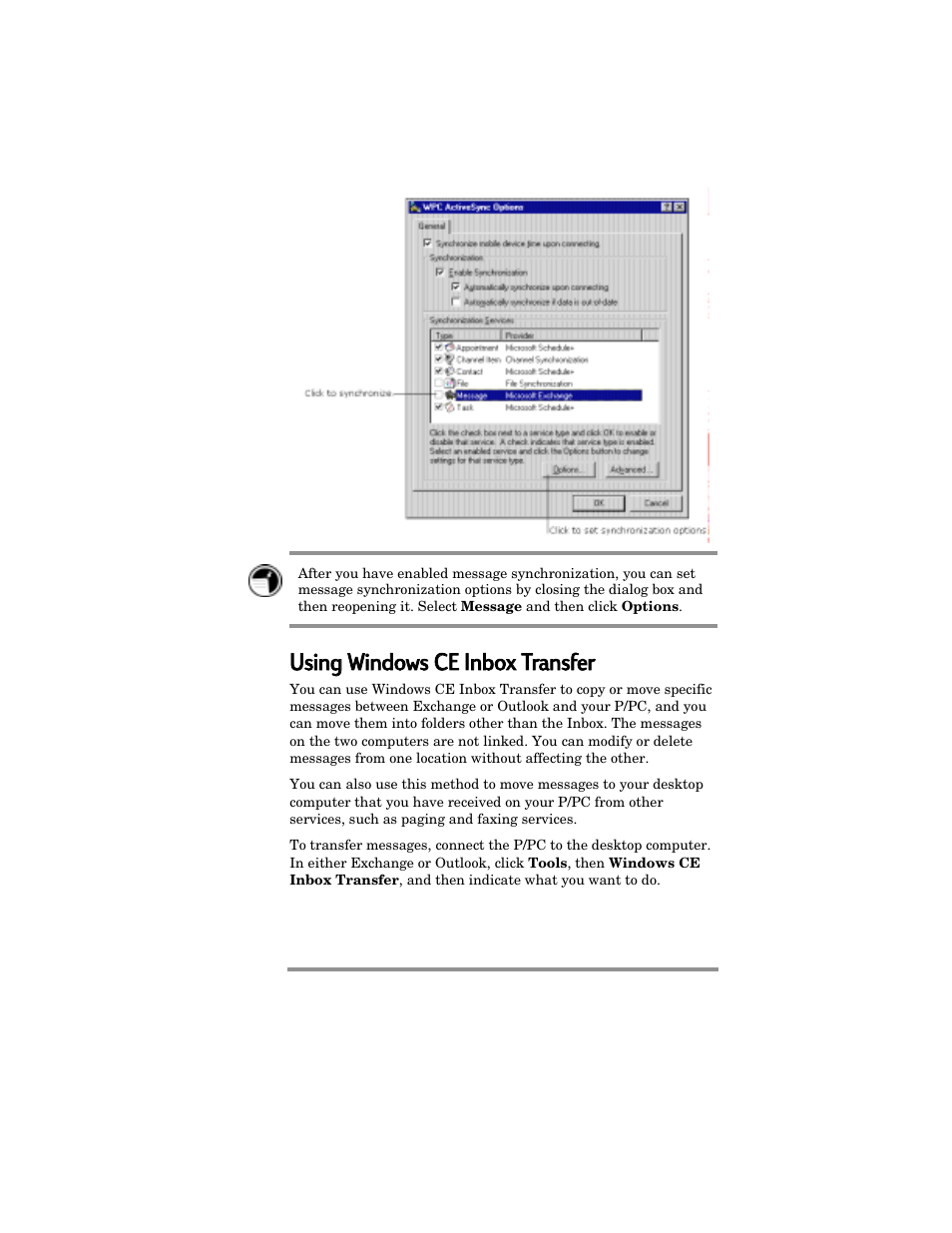 Using g w windows s cce e iinbox x ttransfer | HP Jornada 420 User Manual | Page 60 / 146