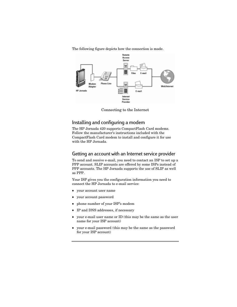 Installing and configuring a modem | HP Jornada 420 User Manual | Page 62 / 146